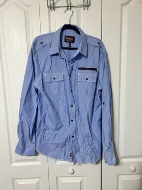 No Retreat Blue White Striped Button Up Shirt Mens Casual